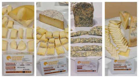 Cuatro quesos gallegos presentes en el Salón Gourmets de Madrid: Santo André, de vaca curado; Verbas Madurado, de Lactear; Azul, de Quesería Airas Moniz; y Queinaga, de vaca joven