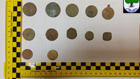 Las monedas decomisadas por la Guardia Civil en Láncara. 