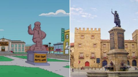 Collage comparativo de la figura de Jebediah en Springfield vs el Rey Pelayo en Gijn