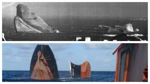 Las dos grandes mareas negras del London Club: en la imagen superior, el hundimiento del Amocco Cádiz, que provocó en las costas de la Bretaña francesa una de las mareas negras más graves de la historia. En la inferior, el Prestige, otro petrolero hundido que estaba asegurado por el Club