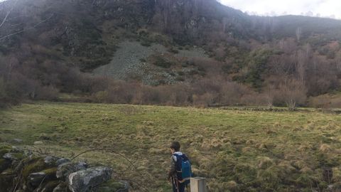 Hayedo de Busmayor. La ruta atraviesa zonas de pastos, con las montañas de Galicia al fondo