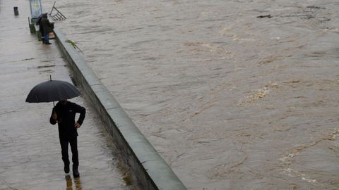 Un vecino de Arriondas pasea junto al río Sella, desbordado a su paso por la localidad