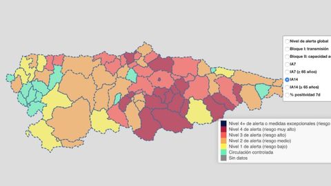 Niveles de alerta por concejos en Asturias a fehca 13 de diciembre