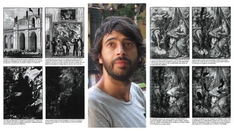 El dibujante boirense Brais Rodríguez -que viajará becado a Roma el año próximo para desarrollar su proyecto creativo «StillLife»-, flanqueado por dos láminas del fanzine que realizó por encargo para el museo del Prado.