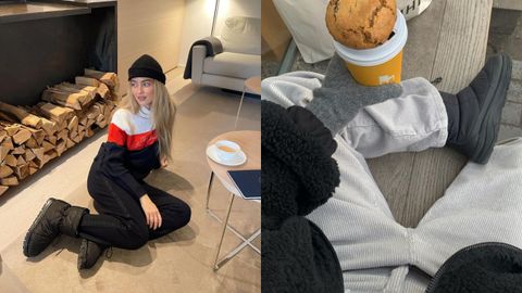 La estilista Emili Sindlev se llevó sus botas acolchadas de Prada para un viaje a la montaña y Linenne, a la derecha, las lleva para abrigarse en el invierno coreano