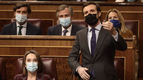 El líder del PP, Pablo Casado, interviene en una sesión plenaria celebrada en el Congreso de los Diputados.