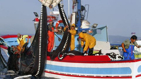 La política pesquera de la UE afecta a todos los profesionales que viven del mar, como a los tripulantes de este «xeiteiro» que aparece capturando sardina en Arousa en el 2020