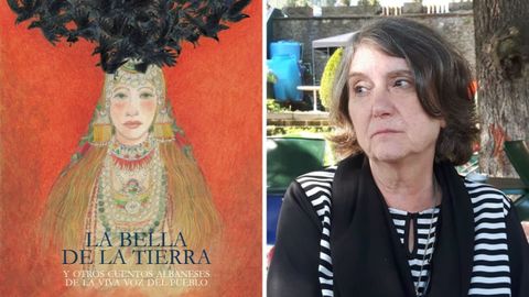 Portada del libro «La Bella de la Tierra y otros cuentos albaneses de la viva voz del pueblo» y, a la derecha, la traductora María Roces