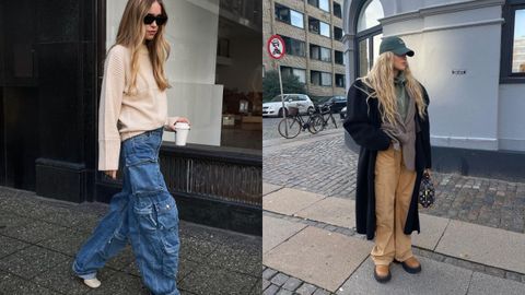 A la izquierda, los pantalones cargo vaqueros de Pernille Teisbaek lo tienen todo para triunfar; a la derecha, la estilista Emili Sindlev los combina con prendas oversize