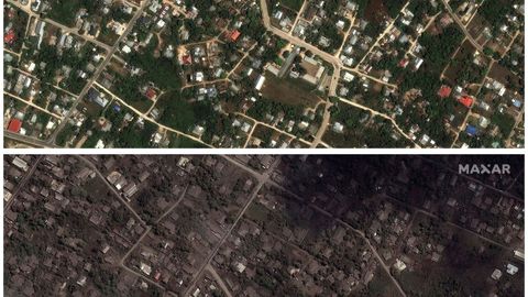 Vista aérea antes y después de la erupción