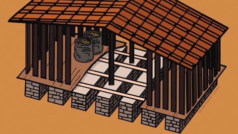 Los arqueólogos suponen que los muros paralelos de piedra del «horreum» sostenían una plataforma de madera sobre la se depositaban sacos o cestos de cereales. Las paredes exteriores estarían hechas de tablas o postes separados entre sí para asegurar la ventilación  