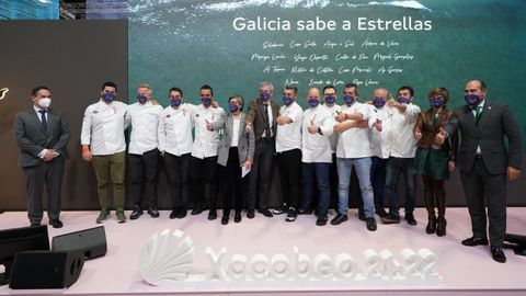 El vicepresidente primero de la Xunta, la conselleira do Mar y otras autoridades junto a varios chefs gallegos con estrella Michelin en Fitur.