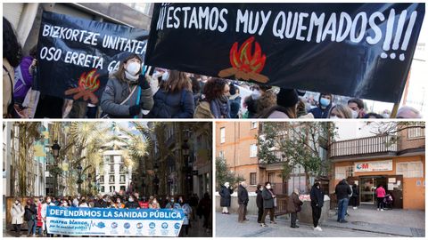 Movilización en el País Vasco el pasado fin de semana; en Málaga (abajo a la izquierda), la semana anterior; y colas a mediados de enero en un centro de salud de Madrid
