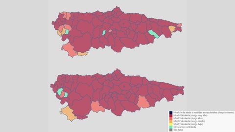 Mapas semafóricos de Asturias: el de arriba indica los niveles de alerta del 28 de diciembre de 2021 y el de abajo los niveles de alerta del 24 de enero de 2022