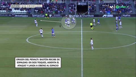 1-Bastón, entre varios rivales, permitiendo al Oviedo atacar en campo rival. 2-Obeng, antes de recibir el pase al espacio