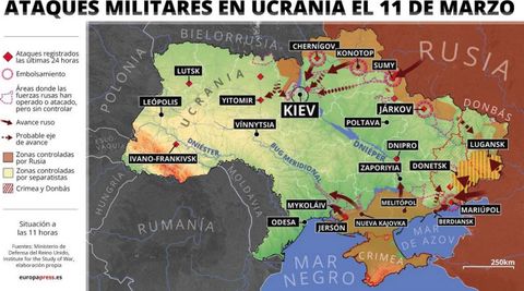 Mapa con ataques militares en Ucrania el 11 de marzo de 2022 (estado a las 11 horas). Rusia ha confirmado este viernes haber llevado a cabo bombardeos contra dos bases areas ucranianas en las ciudades de Ivano-Frankivsk y Lutsk, situadas en el oeste del pas