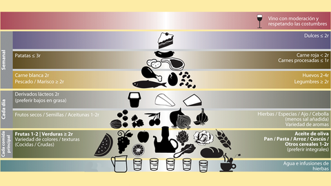La dieta mediterránea se basa en una forma piramidal, donde se distribuye una base con cada comida principal que contenga aceite de oliva, cereales, frutas o legumbres, un aporte diario de lácteos y frutos secos y un consumo moderado semanal de patatas, carnes y pescados.