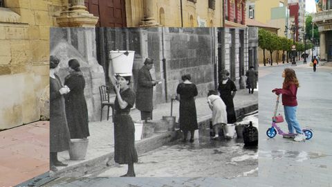 Un montaje de imágenes del mismo lugar, frente a la actual sede del Ridea (Palacio de Toreno) de Oviedo, en 1936 y en la actualidad. Un militar controla la recogida de agua de un grifo público, uno de los grandes problemas para la población civil durante el asedio.