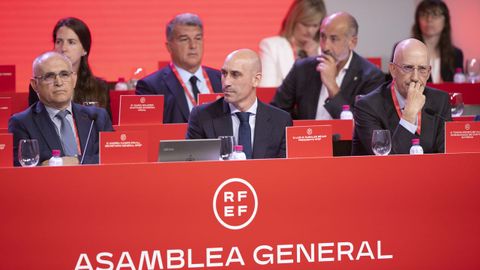 Rubiales, en el centro, durante la asamblea general de la federación celebrada en Las Rozas.