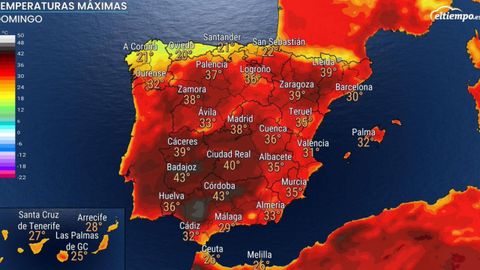 Mapa con las temperaturas para la jornada del domingo