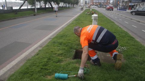 Un operario instala cables subterráneos para los semáforos que se colocarán en el nuevo carril del Muro de San Lorenzo
