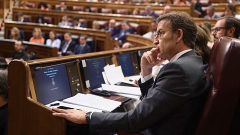 Núñez Feijoo sigue el discurso de Sánchez desde un escaño de su formación