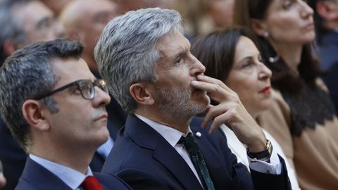 (De izquierda a derecha) Bolaños, Marlaska y Robles en el aniversario de la Declaración Schuman, el pasado 9 de mayo