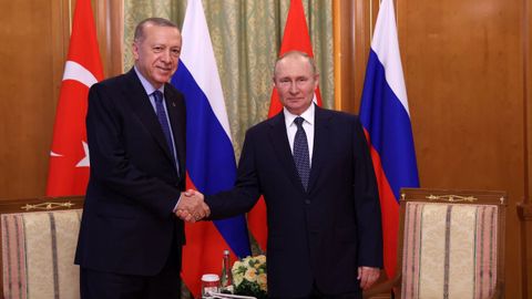 Putin y Erdogan se estrechan las manos durante la reunión en Sochi (Rusia)