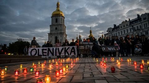 Protesta en Kiev contra Rusia por el bombardeo de la prisión de Olenivka, en julio, que causó la muerte de medio centenar de prisioneros ucranianos
