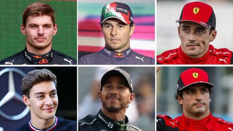 Arriba, de izda. a dcha.: Max Verstappen, Checo Pérez y Charles Leclerc. Abajo: George Russell, Lewis Hamilton y Carlos Sainz.