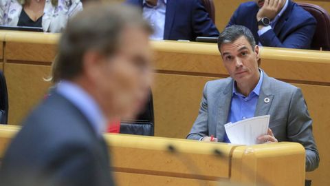 El presidente del Gobierno, Pedro Sánchez, escucha la intervención del líder del PP, Alberto Núñez Feijoo, durante un pleno del Senado el pasado octubre.