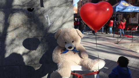 Un niño mira a un oso de peluche con un globo en las conocidas como colas del hambre de la plaza de San Amaro de Madrid