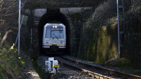 Un tren de cercanías llega a la estación de la localidad cántabra de Virgen de la Peña