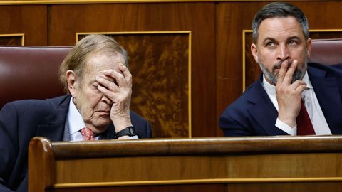 Ramón Tamames y Santiago Abascal, este miércoles, durante la segunda sesión de la moción de censura en el Congreso.