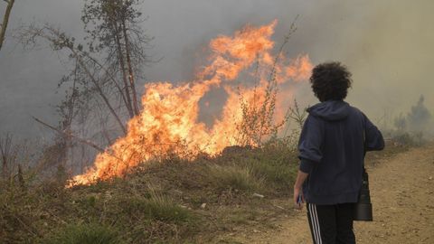 Una mujer observa las llamas de un incendio forestal en Asturias