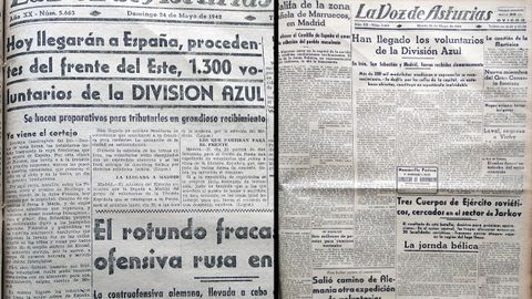 Así lo contó LA VOZ DE ASTURIAS. Portadas de mayo de 1942 en las que se daba cuenta del regreso de los voluntarios de la División Azul tras luchar junto a las tropas alemanas en Rusia