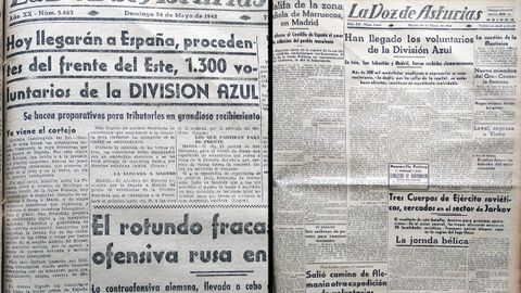 As lo cont LA VOZ DE ASTURIAS. Portadas de mayo de 1942 en las que se daba cuenta del regreso de los voluntarios de la Divisin Azul tras luchar junto a las tropas alemanas en Rusia