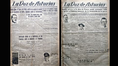 Así lo contó LA VOZ DE ASTURIAS. Muerte de Hitler (por el momento no trascendió que se había suicidado) y fin de la II Guerra Mundial