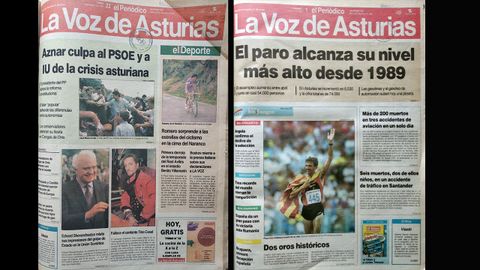 Así lo contó LA VOZ DE ASTURIAS. El fallecimiento del cantante asturiano Tino Casal, en la portada de la izquierda (septiembre de 1991) y las olimpiadas de Barcelona, a la derecha.
