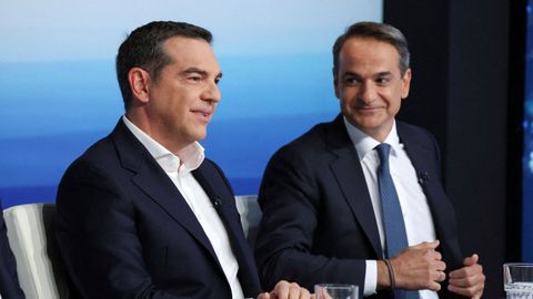 El primer ministro griego y candidato a la reeleccin por Nueva Democracia, junto a Alexis Tsipras, exjefe del Ejecutivo y aspirante de Syriza.