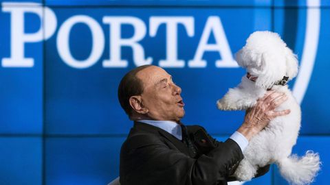 El lder del partido Forza Italia juega con un perro durante la grabacin del programa de televisin Rai 'Porta a Porta' en Roma, Italia, el 21 de junio de 2017