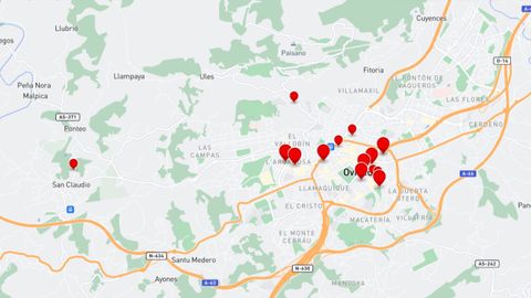 Vista del mapa de los mejores restaurantes de Oviedo