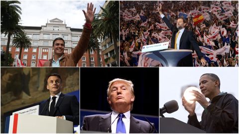 De izquierda a derecha y de arriba a abajo: Pedro Snchez, Mariano Rajoy, Emmanuelle Macron, Donald Trump y Barack Obama en fotografas contrapicadas