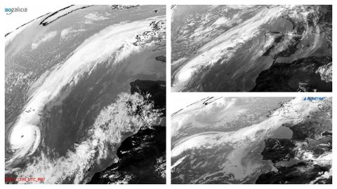 A la izquierda el huracán Ophelia. Arriba el ciclón Leslie y abajo a la derecha la tormenta Gaston. En los tres casos se unieron a un frente de latitudes medias