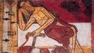 La lepra. Aos 1000-1350. Generalizada por toda Europa, la visibilidad de los sntomas provoc una rpida estigmatizacin social de los enfermos, as como su confinamiento inmediato en malateras o lazaretos asistenciales. En la imagen, Lzaro el leproso ante la puerta del rico Epuln, de Maestre de Tahull