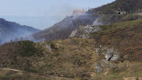 Vista general de un incendio forestal declarado ya extinguido junto a la estacin de tren de Pajares