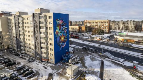 El mural promovido por los ecologistas luce en una fachada de un edificio de nueve pisos en Vilna, la ciudad del eurocomisario de Pesca