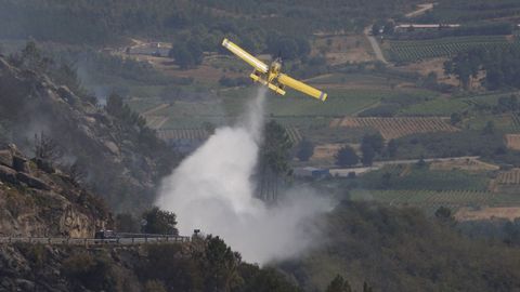 Una avioneta trabajando en la extinción de un incendio en Monterrei