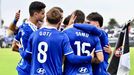 Los jugadores del Oviedo celebran el 0-1 de Samu al Ceuta