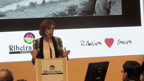 La diputada Raquel Arias en un acto sobre la candidatura de la Ribeira Sacra celebrado en la feria Fitur de Madrid, en una imagen de archivo